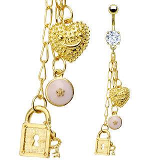 Gold plated on surgical steel Heart, lock, key charm chained dangle 