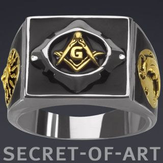 MASONIC G with SUN & MOON RING, SILVER 925   24K GOLD PLATED, BLACK 