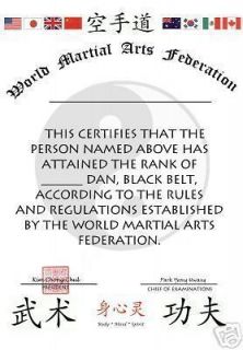 Martial Arts Certificate of Rank Black Belt all styles