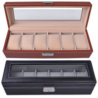   Leather Glass Top Watch Organizer Display Case Box Jewelry Storage