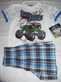 Boys MONSTER JAM Grave Digger BAD TO THE BONE T Shirt & Shorts Outfit 