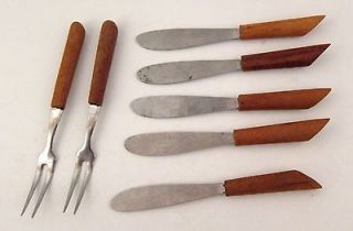 GROUP OF 7 MINI WOOD HANDLE STAINLESS KNIVES & FORKS   VINTAGE