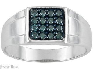 Bold Square Design .35cte Blue Diamond Mens Ring .925 Sterling Silver 