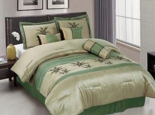   Sage Green Embroidery Palm Tree Comforter Set Bed in a Bag, Queen Size