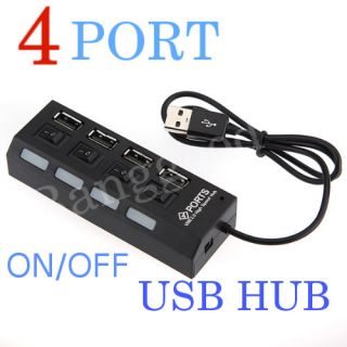 New Black 4 Port USB 2.0 Hub High Speed 480 Mbps Power On/Off Button 