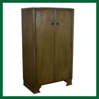 Art Deco Carved Oak Green Stained Limed Gents Fitted Wardrobe Armoire 