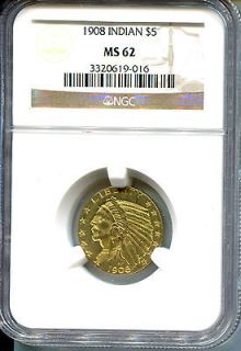 1908 $5 NGC MS62 Gold Indian Head US Coin Five Dollar Half Eagle