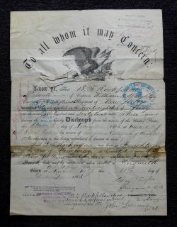 CIVIL WAR DISCHARGE   B J ROCKFELLOW 15th NJ REGIMENT 1863