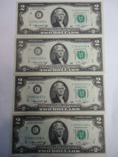 FOUR 1976 TWO DOLLAR NOTES WITH THOMAS JEFFERSON ONE CENT STAMP(NICE)