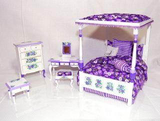 Dollhouse Miniature Artisan Hand Painted CANOPY Bed Bedroom Set PURPLE 