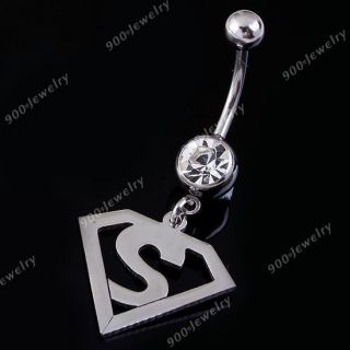 14g Superman Belly Navel Ring Crystal Button Barbell Bars Body 
