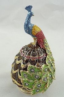 Enameled Pewter Swarovski Bejeweled Peacock on Egg Trinket Box