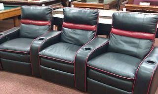   3pc   3 Seat Movie Theater Chairs   Black Leather w/ Burgandy trim