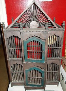 LARGE VICTORIAN VINTAGE WOOD BIRD CAGE WITH TRAY HOUSE SHAPE 2 DOORS