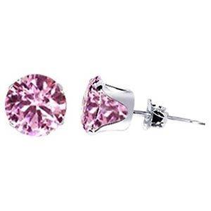   Silver Round Pink Tourmaline CZ October Birthstone Stud Earrings Prong