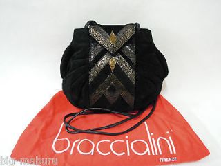 Auth braccialini Black Genuine Suede Leather Shoulder Evening Bag 