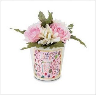 HAPPY BIRTHDAY Mini Fabric Roses Flower Bouquet Terra Cotta Pot Gift 