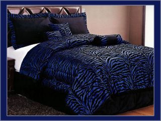   Flocking Zebra Satin Bed In A Bag Comforter Set Queen Navy Blue/Black