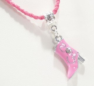 6331    PINK COWGIRL CRYSTAL BOOT CHARM BRAIDED CORD NECKLACE  WOW