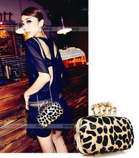 New Skull Knuckle Ring Leopard Handbag Party Evening Bag Clutch Purse 