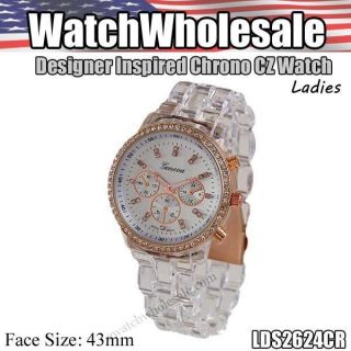 LADIES DESIGNER INSPIRED CHRONO CZ WATCH CLEAR ROSE GOLD USA SELLER 