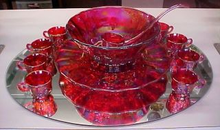 Mosser Glass Ruby Carnival Grape Punch Bowl Set New