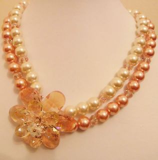 BUTLER & WILSON  MAGNETIC CLASP 2 STRAND PEACH FLOWER NECKLACE+