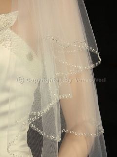 2T Ivory Bridal Elbow Length Scalloped Beaded Edge Wedding Veil