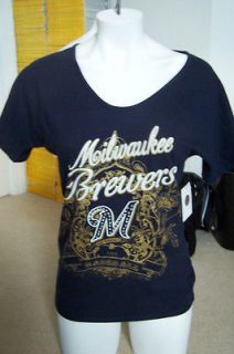 ALYSSA MILANO MLB Milwaukee Brewers T Shirt w/Rhinestone Logo Size 