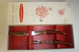 60s Sheffield Stainless Fork Knife Antler Carving Set