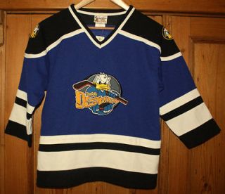 Boys DISNEY BLUE DONALD DUCK HOCKEY JERSEY L NWT & PUCK Embroidered 