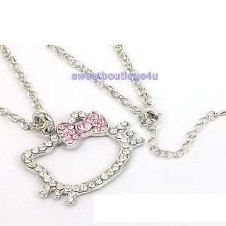 Large CRYSTAL PINK BOW Cute HelloKitty Cat pendant necklace for Party 