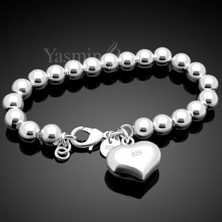   Solid Sterling Silver Heart Pendant Chain Bangle Bracelet H250418