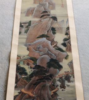   SIGNED CHINESE MOUNTAIN ROCK LANDSCAPE FIGURE HORSES SCROLL PAINTING