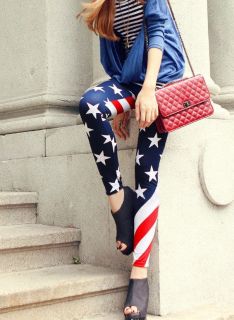 Sexy Red White Blue American Flag Striped Star Stretch Pants Tights 