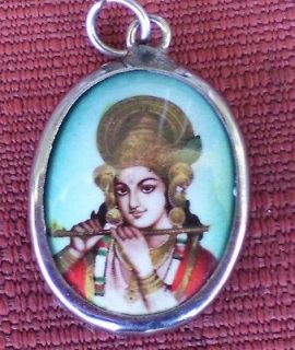 Hindu Deity Pendant Metal and Enamel KRISHNA w/ Green Background