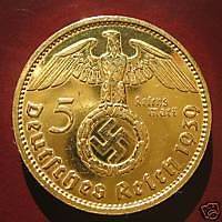 24 CARAT GOLD 5 Reichsmark 1936D Nazi Swastika coin*