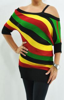 New Rasta Off Shoulder Top   Sexy Jamaica Reggae Party Knit Tunic S M 