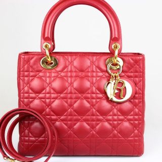 MintChritian Dior Lady Dior Red Lambskin Quilted Cannage 2Way Hand 