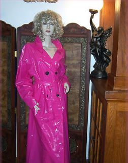 Long Shiny Pink PVC Vinyl Raincoat Dbl Breasted Trench Coat Slicker 