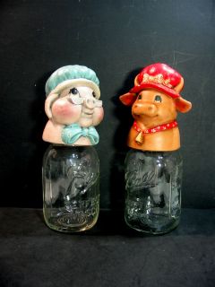 WHIMSICAL COW & PIG COUNTRY THEME LIDDED CLEAR GLASS MASON JARS, Must 