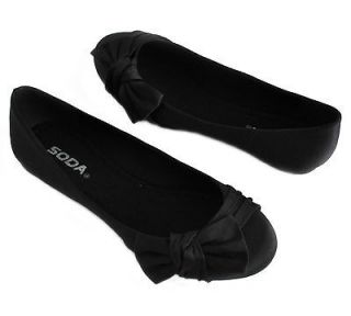 NEW SODA MOBY S BLACK SATIN RUCHED BOW SLIP ON BALLET FLATS