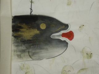 Japanese Makuri Painting Japan Hand Painted Art Fish and Priest 99