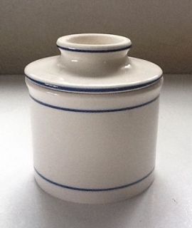STONEWARE BUTTER KEEPER White with blue bands
