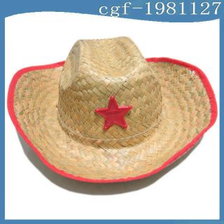 Childrens Western Cowboy Costume Straw Hat Red Trim