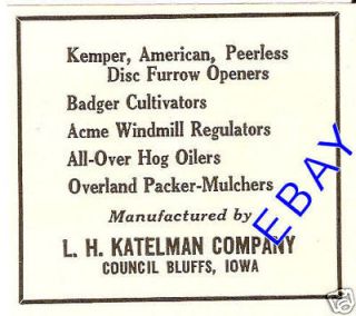 1931 KATELMAN WINDMILL HOG OILER AD COUNCIL BLUFFS IOWA
