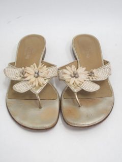 Valentino Beige Straw & Leather/Beaded Flower Slip On Thong Sandals