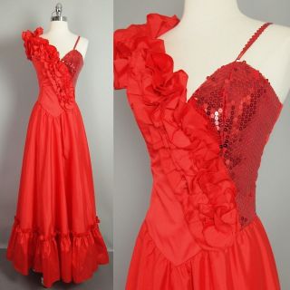 Vtg 80s red ALYCE PROM DRESS sequins maxi ruffles southern belle party 