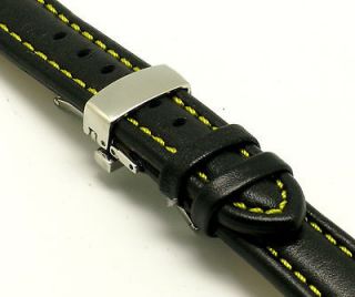   Black/Yellow Genuine Leather watch Strap Butterfly Clasp fits Nautica