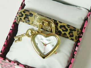 Betsey Johnson Leather Leopard Heart Key w Crystals Ladies Women 